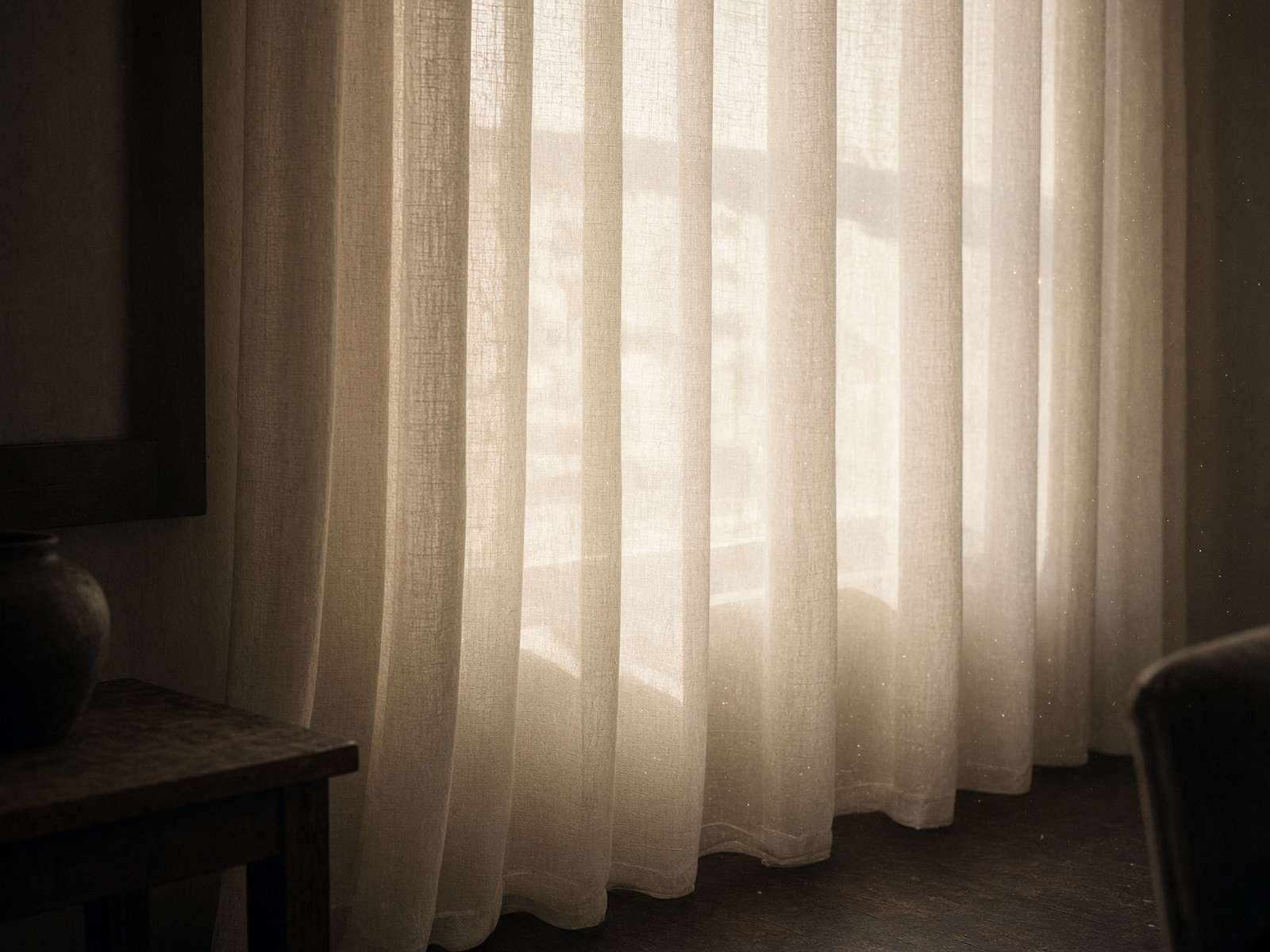 Morning light through linen curtains