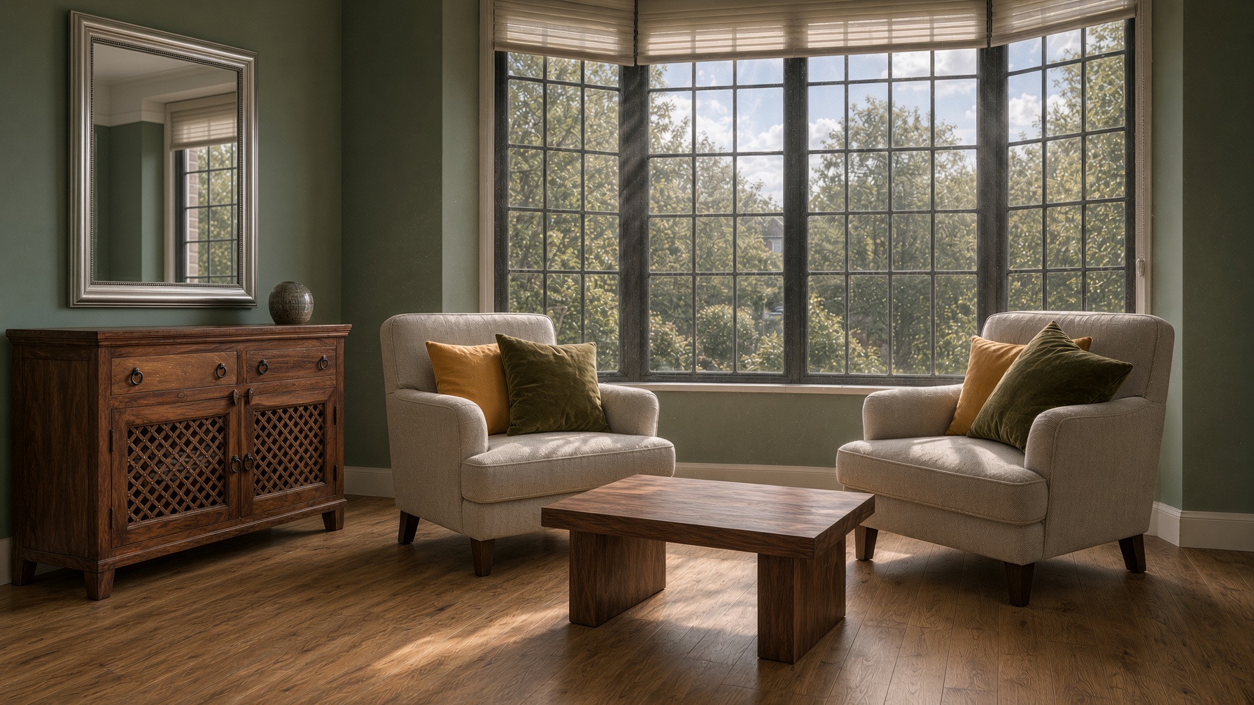 The consulting room in West Norwood — two chairs, garden light, wooden sideboard