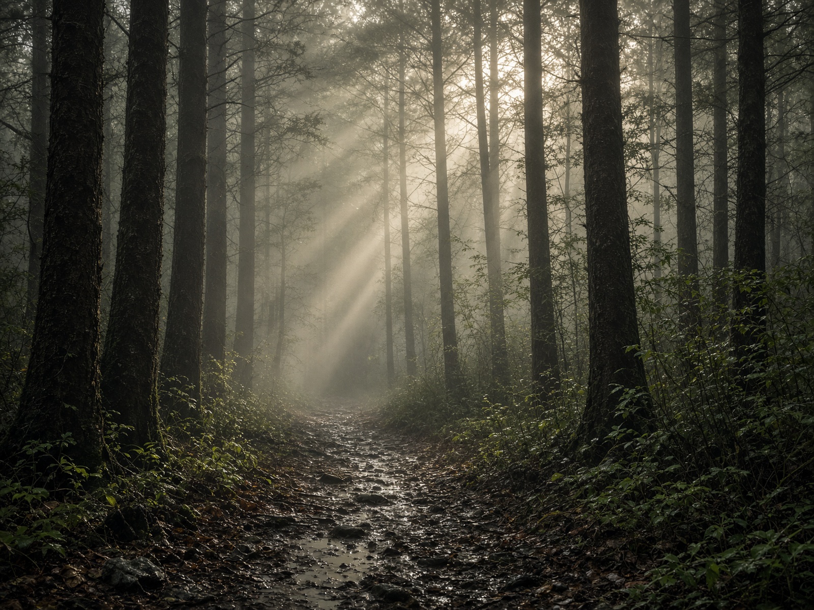 A forest path after rain, light breaking through mist